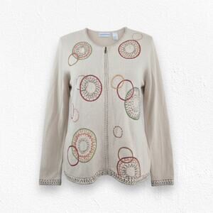 90s Alfred Dunner Beige Embroidered Front Zip Embroidered Sweater Size Medium